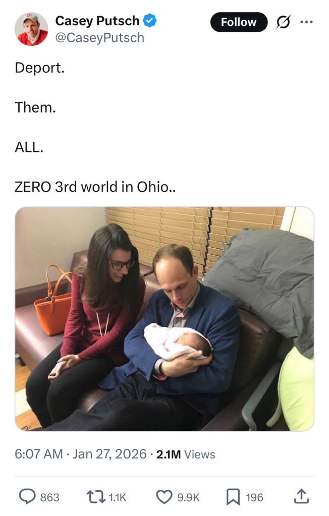 Tweet featuring an image of a white family with a newborn and the caption “Deport. Them. ALL. ZERO 3rd world in Ohio.”
