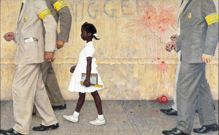 “The Problem We All Live With” by Norman Rockwell—Ruby Bridges walking to school flanked by U.S. Marshals, the n-word scrawled on the wall behind her, a thrown tomato still dripping. 